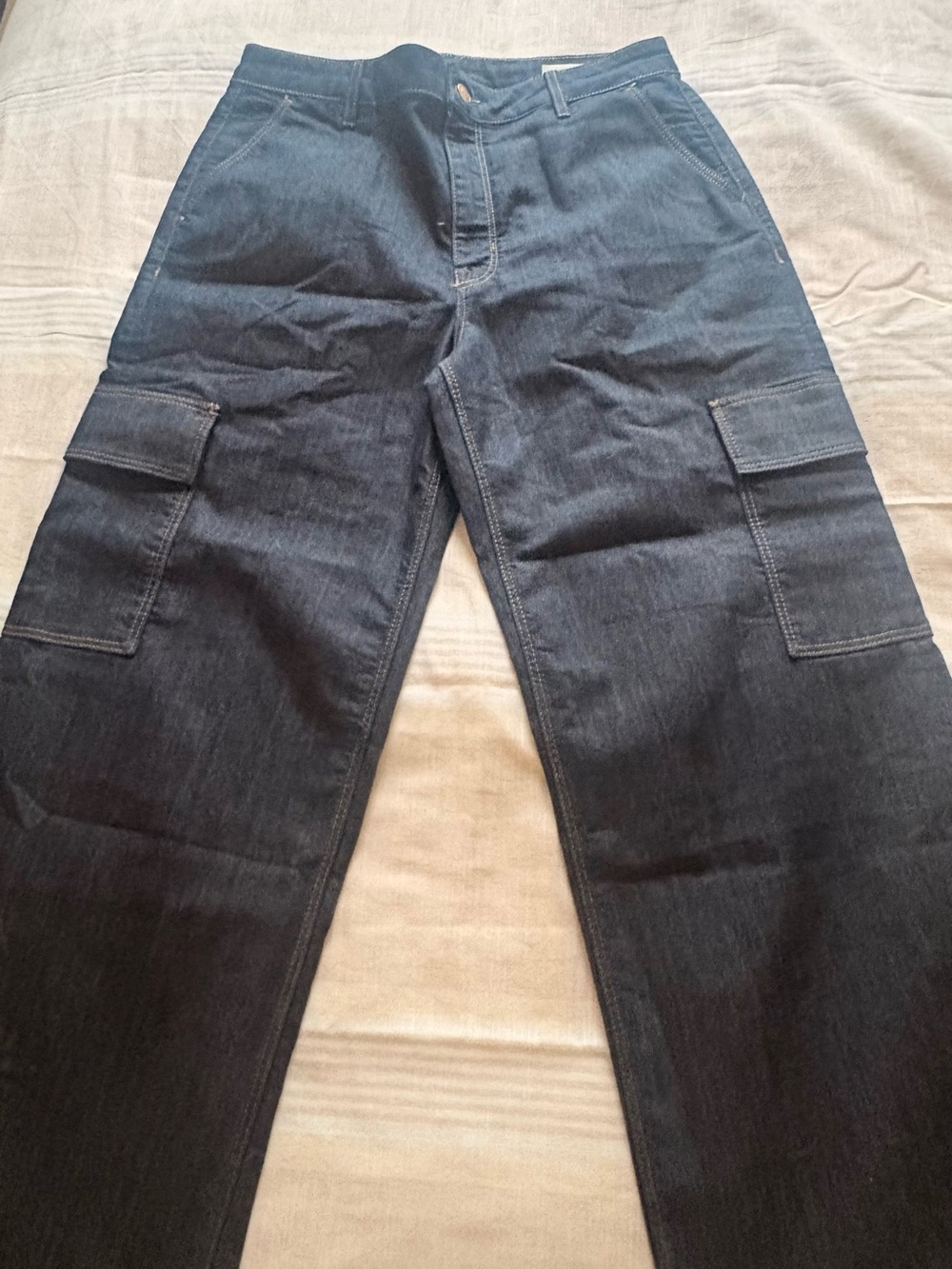 M&S Womens US 12 UK 16 Short Wide Leg Cargo Jeans Dark Indigo Stretch High Rise